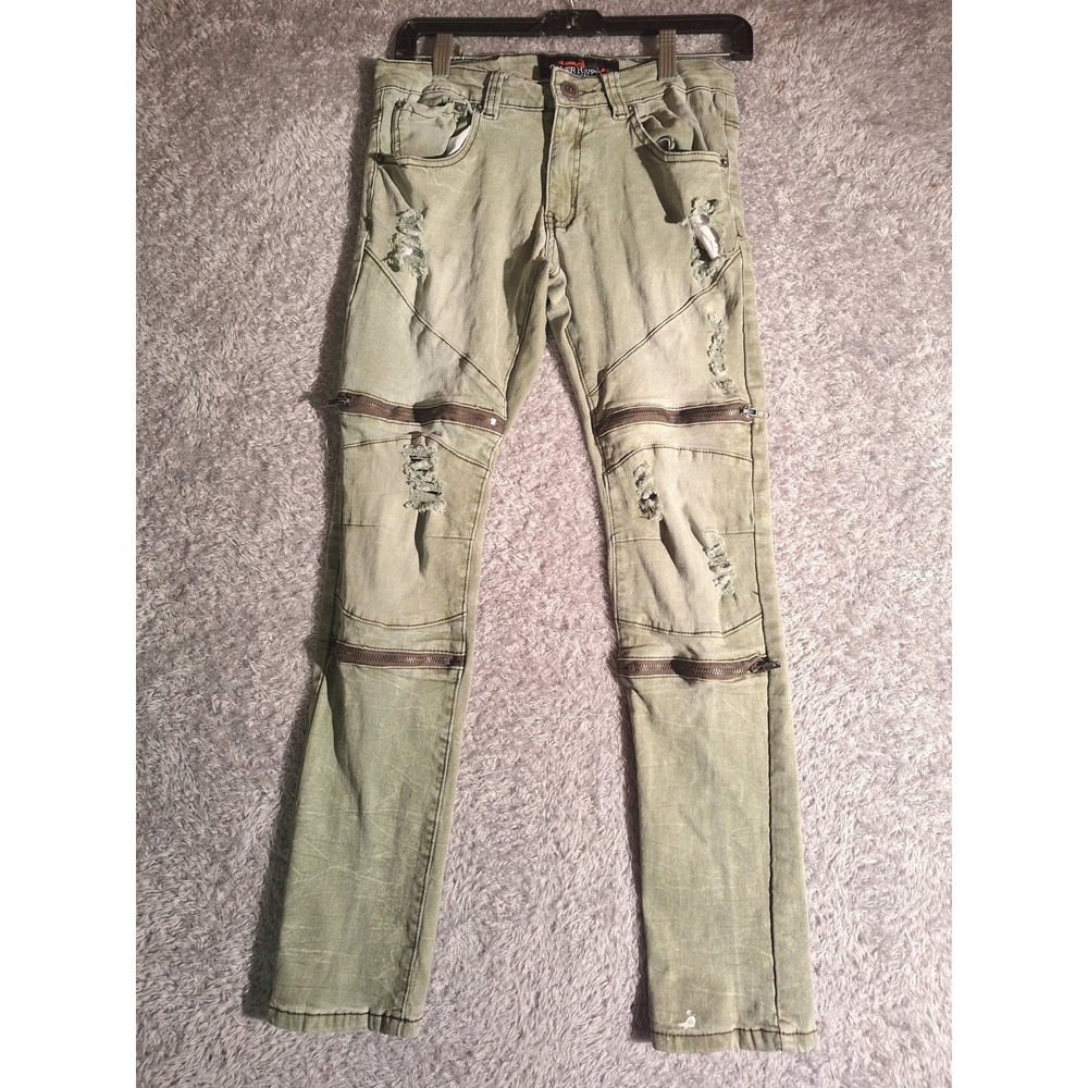 Copper Rivet Mens Distressed Utility Jeans Small Green Zipper Biker SlimFit Moto